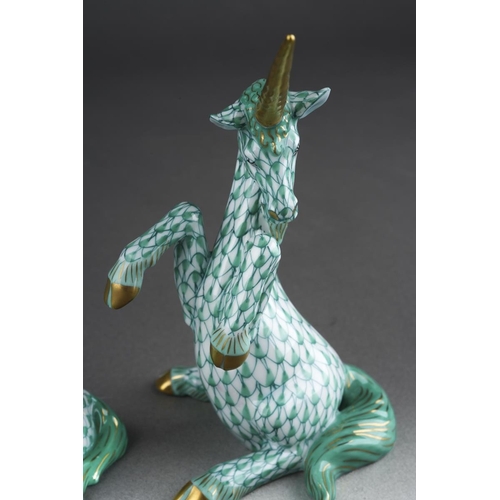 289 - Two Herend green fish scale Unicorns, inscribed 15360/VHV, height 12cm approx and 15359/VHV, height ... 