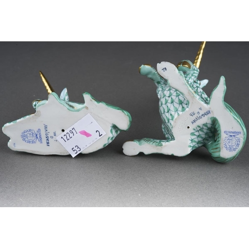 289 - Two Herend green fish scale Unicorns, inscribed 15360/VHV, height 12cm approx and 15359/VHV, height ... 