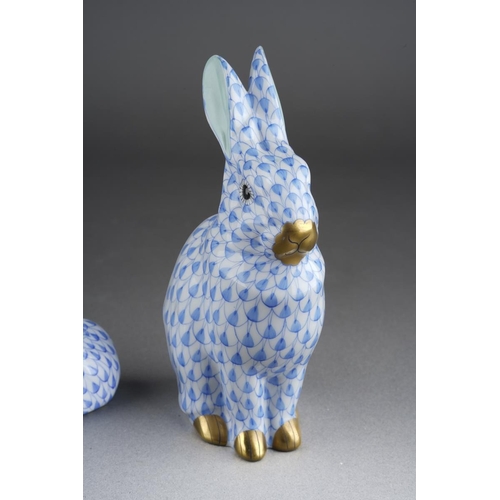 290 - Two Herend blue fish scale rabbit figures, comprising a seated rabbit, height 13cm approx and two ra... 