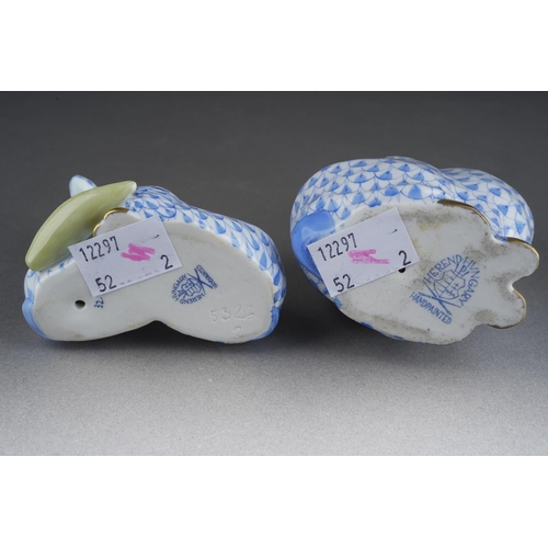 290 - Two Herend blue fish scale rabbit figures, comprising a seated rabbit, height 13cm approx and two ra... 