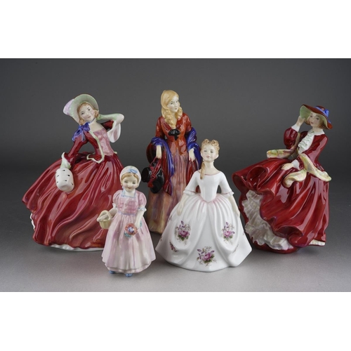 295 - Five Royal Doulton lady figures, comprising Kathleen HN1252, Autumn Breezes HN1934, Top O' the Hill ... 