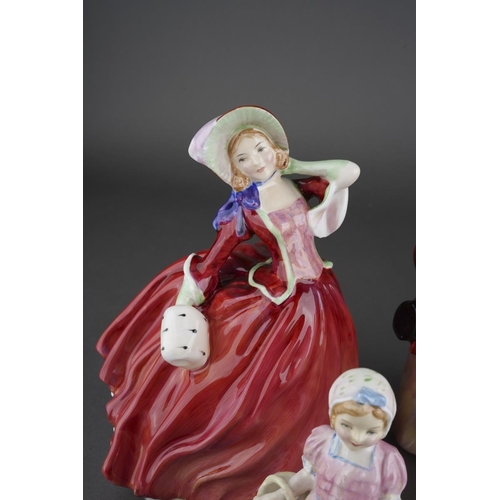 295 - Five Royal Doulton lady figures, comprising Kathleen HN1252, Autumn Breezes HN1934, Top O' the Hill ... 