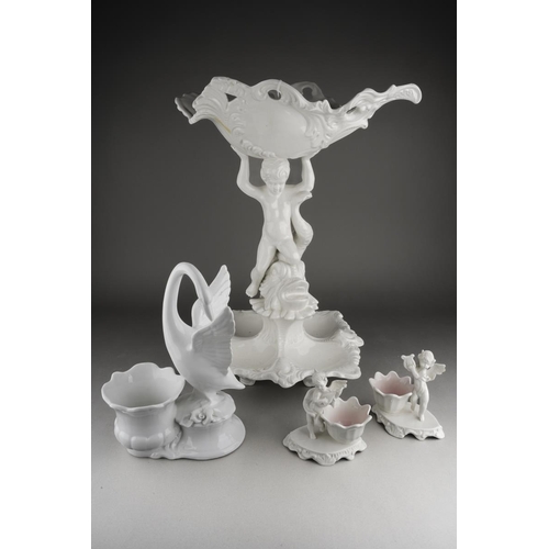 297 - A Capodimonte white glazed centrepiece, modelled as a scrolled foliate bowl supported atop a putti s... 