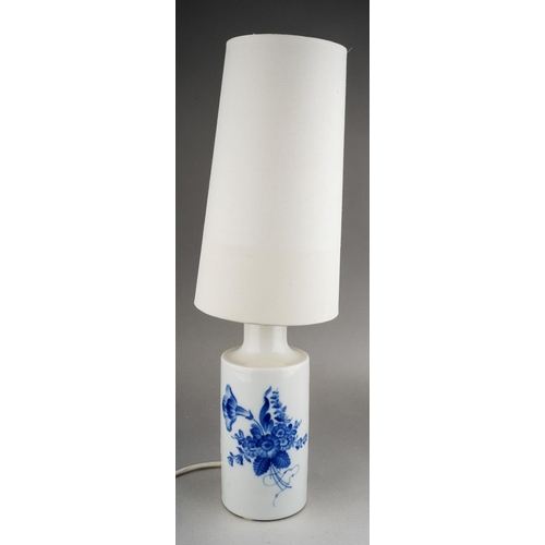 301 - A Royal Copenhagen blue and white bottle shaped table lamp decorated with flowers, factory marks, nu... 