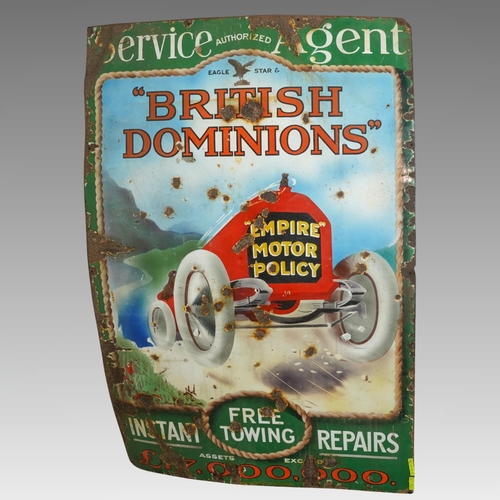 A vintage enamel  sign for Eagle Star 'British Dominions' car service and repair, in worn condition with enamel and metal losses, 152cm x 102cm approx (1)