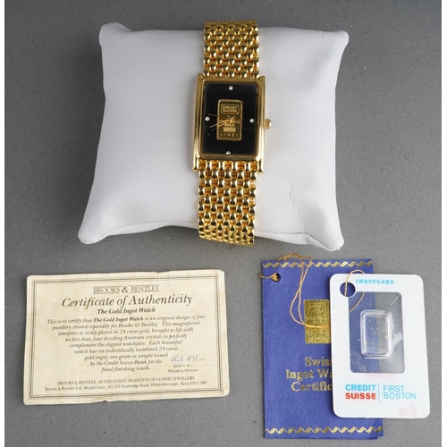 1022 - Brooks & Bentley ladies Gold plated watch fitted with 999.9 fine gold 1gram gold ingot, in original ... 