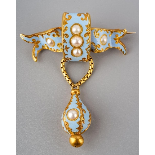 A mid Victorian 18ct gold enamel and pearl mourning brooch, with antique fitted case. The light blue enamel ribbon with scroll detail and split pearl accents, suspending a similarly design drop with woven hair panel to reverse, approx length 55mm, assessed as 18ct gold, approx gross weight 10.0 grams, together with fitted antique case.