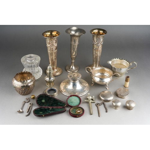 Assorted collection of silver to include three vases, inkwell, pepper ...