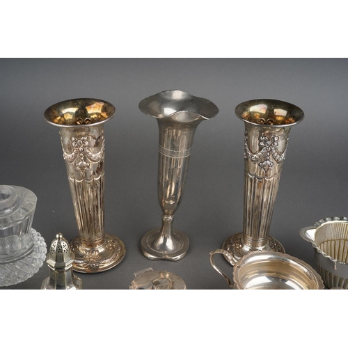 Assorted collection of silver to include three vases, inkwell, pepper ...