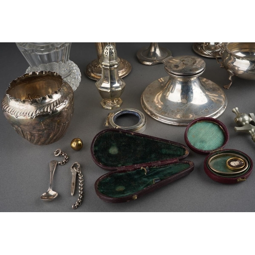 Assorted collection of silver to include three vases, inkwell, pepper ...