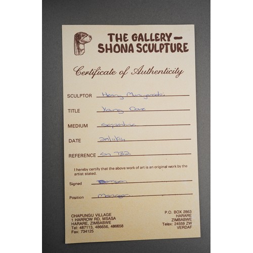 49 - Henry Munyaradzi (Zimbabwean 1931-1998) Young Dove, an abstract serpentine sculpture, signed and num... 