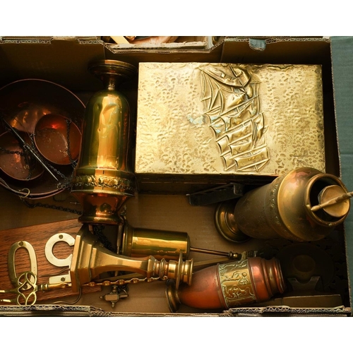 69 - Assorted brass and copper including set of bell shaped weights, various scales, planished box, vario... 