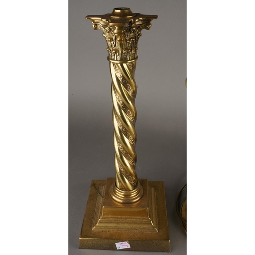 71 - An early 20th Century brass and copper Corinthian twist column table lamp base, on square stepped ba... 