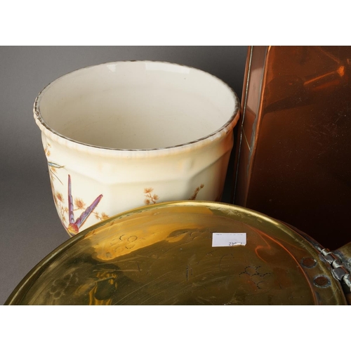 77 - A collection of copper and brassware to include: Thomas Harrison Nottingham carriage foot warmer, a ... 