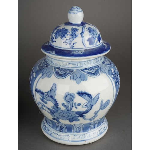 80 - A Chinese blue and white cylinder stick stand decorated with flowers, approx 38cm high and a Modern ... 