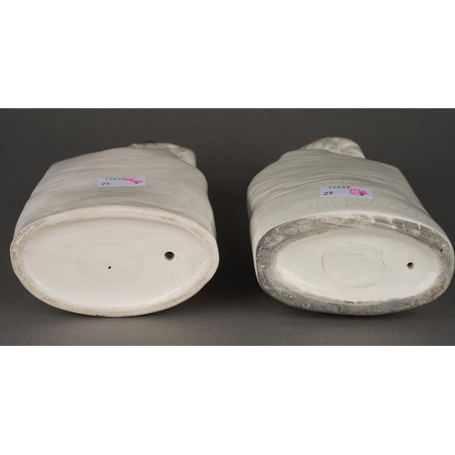 98 - A pair of Staffordshire flatback figures of Cricketeers, each with orange caps, orange and black bat... 