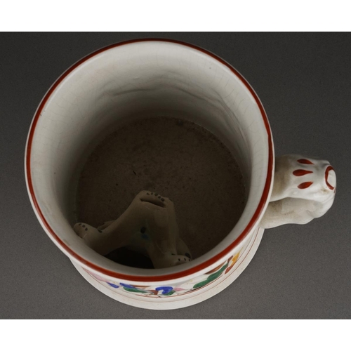 100 - A 19th Century Staffordshire Pearlware Frog /  Surprise Mug  with a spotted frog to interior and han... 