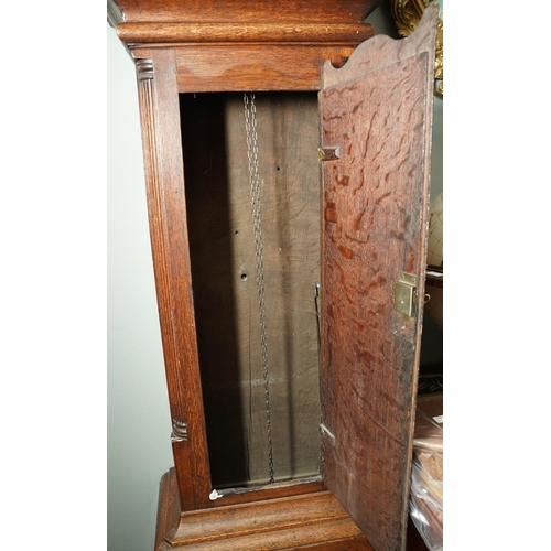102 - A 19th Century oak cased long case clock, the hood surmounted by brass finial, the case with inlaid ... 