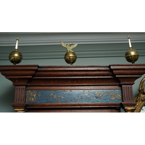 102 - A 19th Century oak cased long case clock, the hood surmounted by brass finial, the case with inlaid ... 