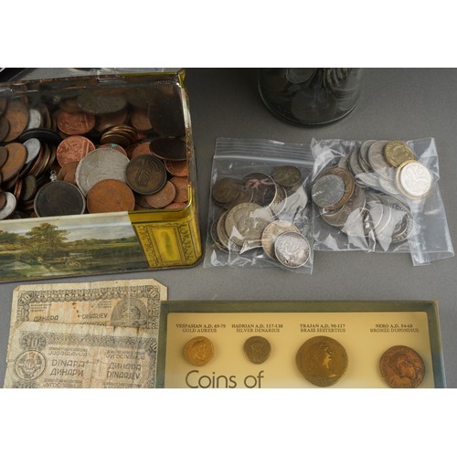 103 - Mixed country silver coins, 138 grams approx, a jar of very old copper coins; together with a large ... 