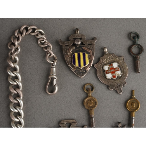 106 - A 925 sterling silver Albert chain together with five early 20th Century fob medals, all marked, gro... 