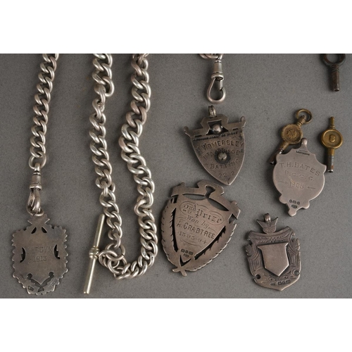 106 - A 925 sterling silver Albert chain together with five early 20th Century fob medals, all marked, gro... 
