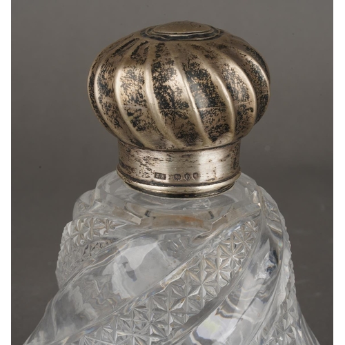 277 - A pair of Victorian trapezoid shaped hobnail cut glass silver mounted scent bottles, with wyvern flu... 