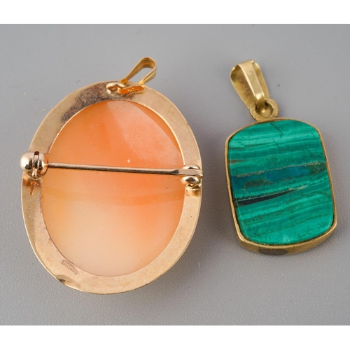 286 - A malachite pendant and a 9ct gold shell camepo brooch. Pendant with foreign marks to surmount, came... 