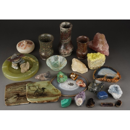 A box of polished stones, natural and dyed geodes, Serpentine vases ...