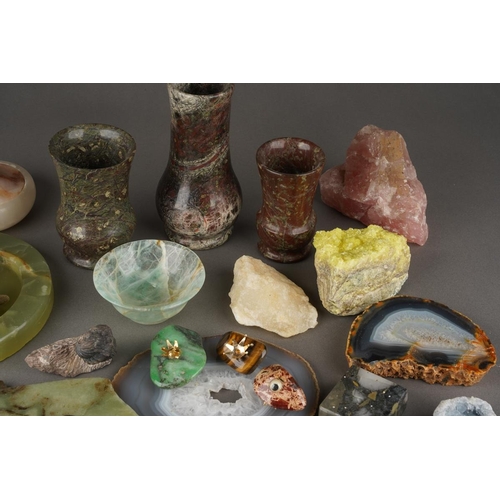 A box of polished stones, natural and dyed geodes, Serpentine vases ...