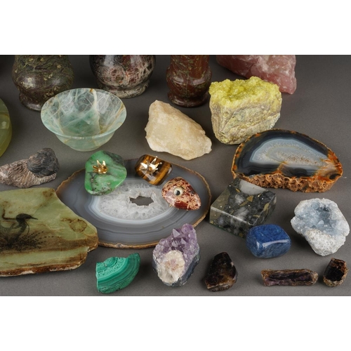 A box of polished stones, natural and dyed geodes, Serpentine vases ...