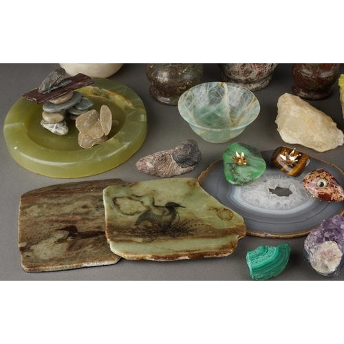 A box of polished stones, natural and dyed geodes, Serpentine vases ...