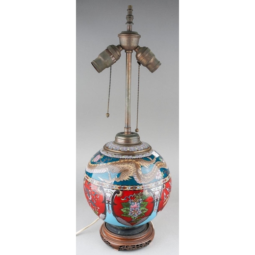121 - An Asian possibly Japanese cloisonne globular urn decorated with three claw Dragon to collar above p... 