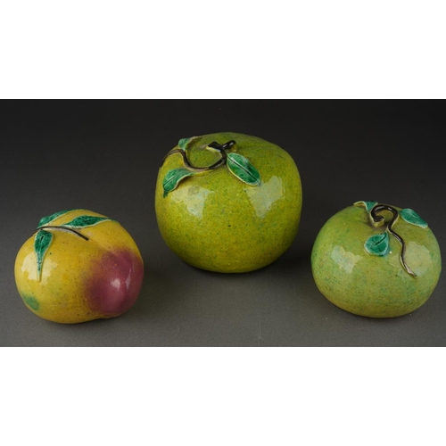 126 - Three Chinese ceramic Altar fruit including peach and apples [3]