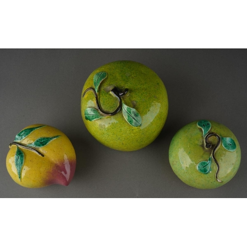 126 - Three Chinese ceramic Altar fruit including peach and apples [3]
