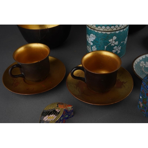 135 - A group of Oriental metalware, jadeite and papier mache, comprising a white metal and enamel sedan c... 