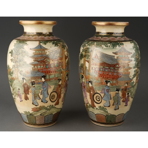 136 - A pair of Satsuma vases decorated with Geisha with pagoda and mountains behind, character mark to ba... 
