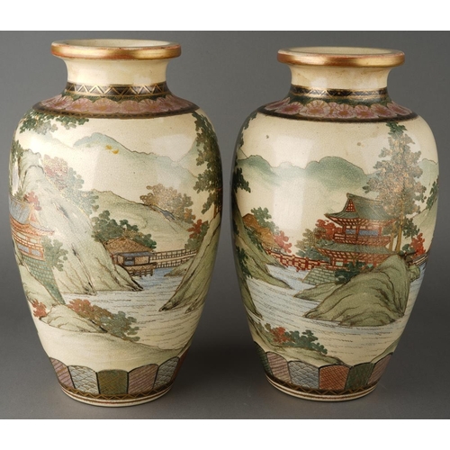 136 - A pair of Satsuma vases decorated with Geisha with pagoda and mountains behind, character mark to ba... 
