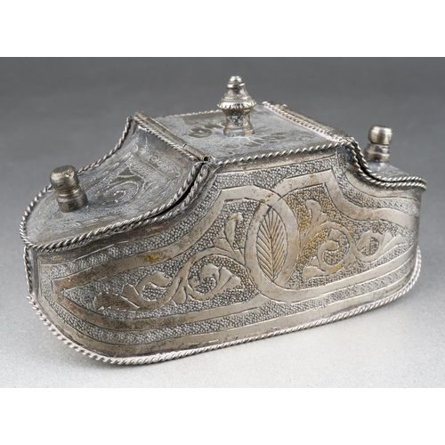 201 - An Asian possibly Cambodian engraved white metal [low grade untested] betel nut box, with ropetwist ... 
