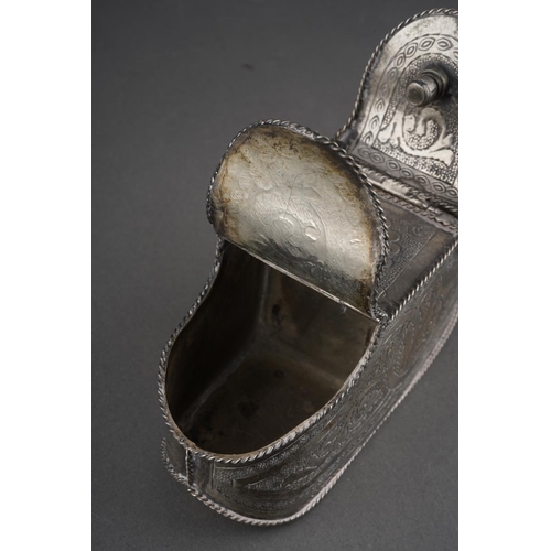201 - An Asian possibly Cambodian engraved white metal [low grade untested] betel nut box, with ropetwist ... 