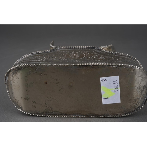 201 - An Asian possibly Cambodian engraved white metal [low grade untested] betel nut box, with ropetwist ... 