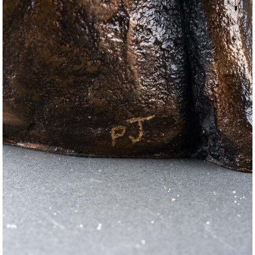 205 - A Paul Jenkins bronze of a seated cat licking its paw, probably a Frith Sculpture, signed with initi... 