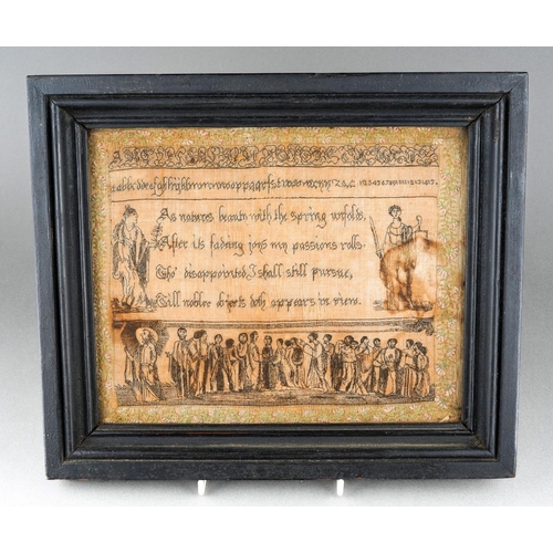 209 - A 19th Century monochrome needlework panel, with alphabet and numbers to upper section, the mid sect... 