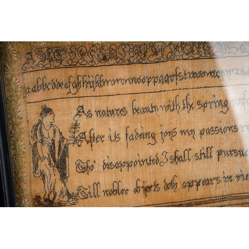 209 - A 19th Century monochrome needlework panel, with alphabet and numbers to upper section, the mid sect... 