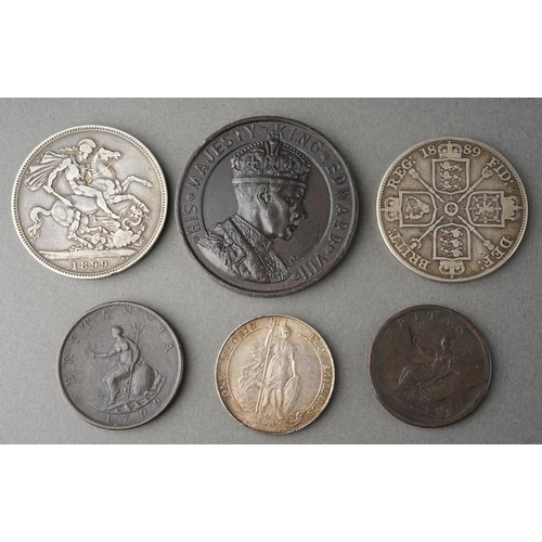 303 - A 1937 Edward 8th Coronation Medallion, an 1899 Crown, an 1889 Double Florin, a 1902 2 Shilling, a 1... 
