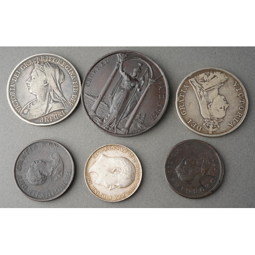 303 - A 1937 Edward 8th Coronation Medallion, an 1899 Crown, an 1889 Double Florin, a 1902 2 Shilling, a 1... 