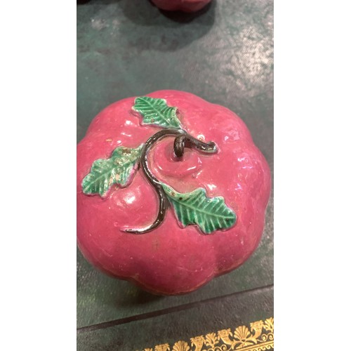 125 - Three Chinese ceramic Altar fruits comprising three various purple pumpkins [3]