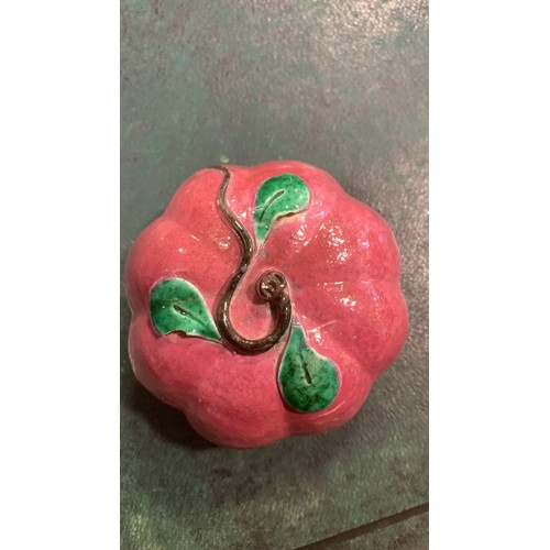 125 - Three Chinese ceramic Altar fruits comprising three various purple pumpkins [3]