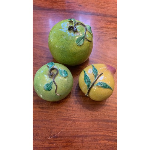 126 - Three Chinese ceramic Altar fruit including peach and apples [3]