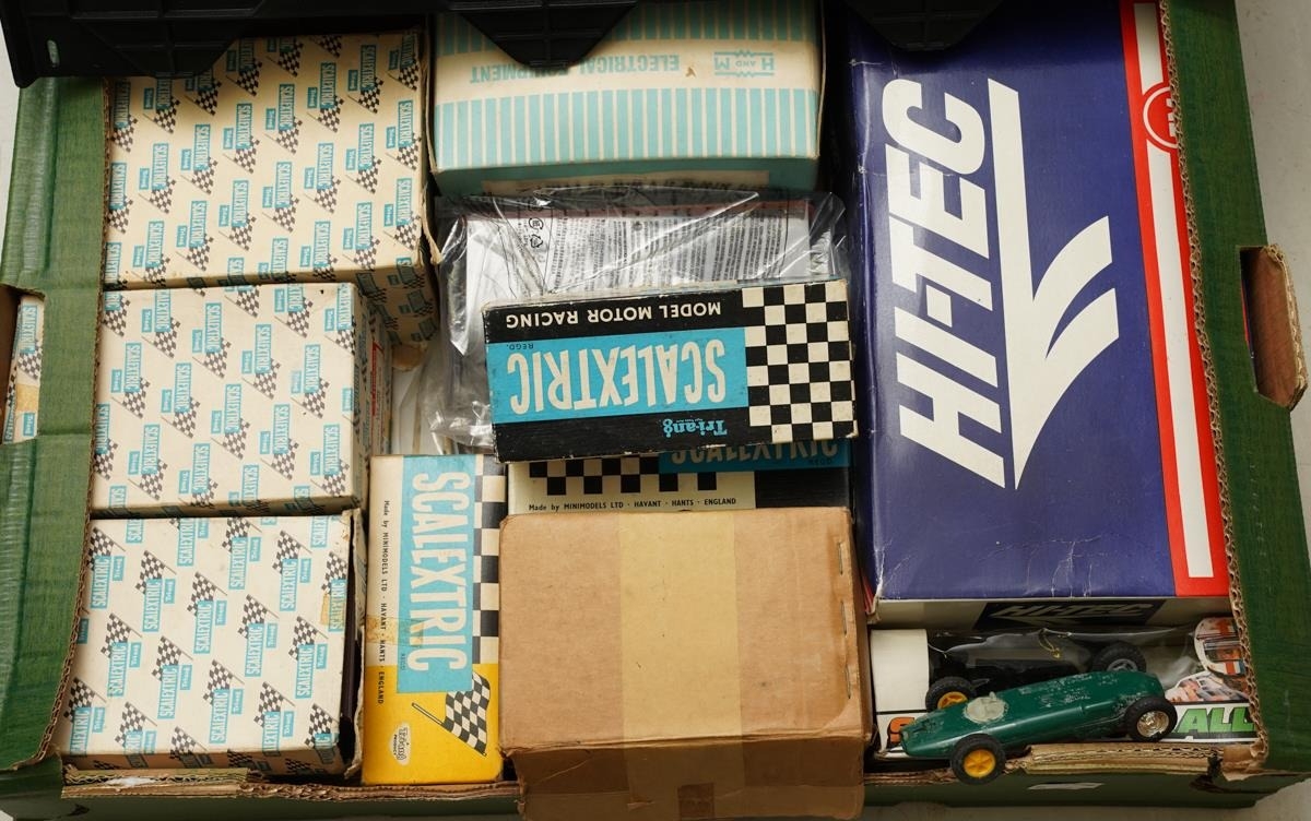 Two Boxes of vintage Scalextric to include stands, controllers, cars ...